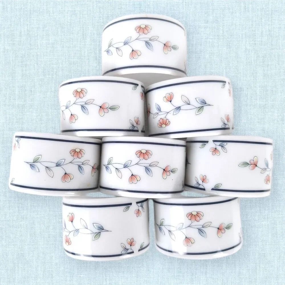 Princess House Heritage Blossom Porcelain Napkin Rings Delicate Floral, Set of 8